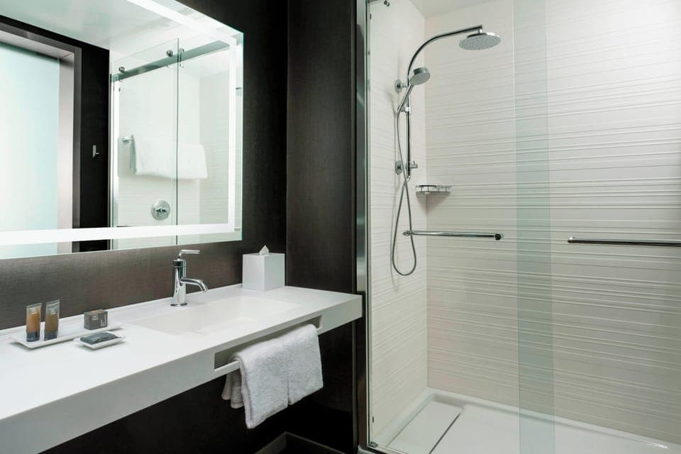 Shower, rainfall showerhead, free toiletries, hair dryer