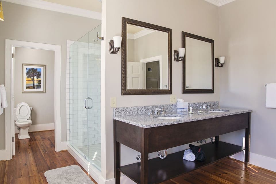 Designer toiletries, hair dryer, bathrobes, towels