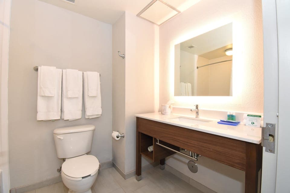 Combined shower/tub, free toiletries, hair dryer, towels