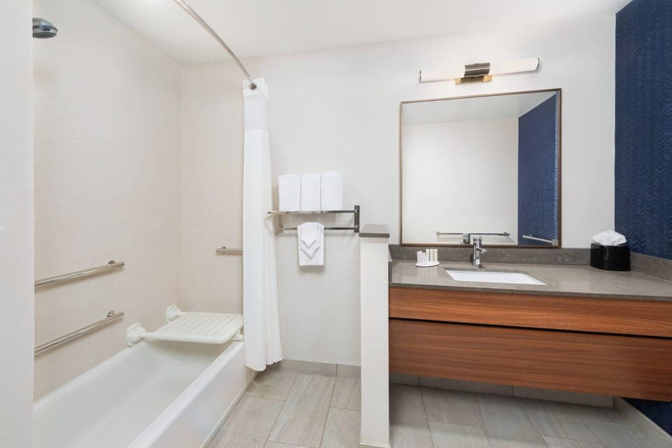 Shower, hair dryer, towels