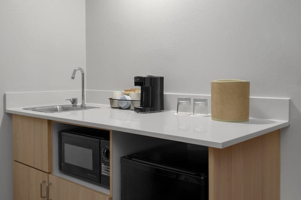 Mini-fridge, microwave, coffee/tea maker