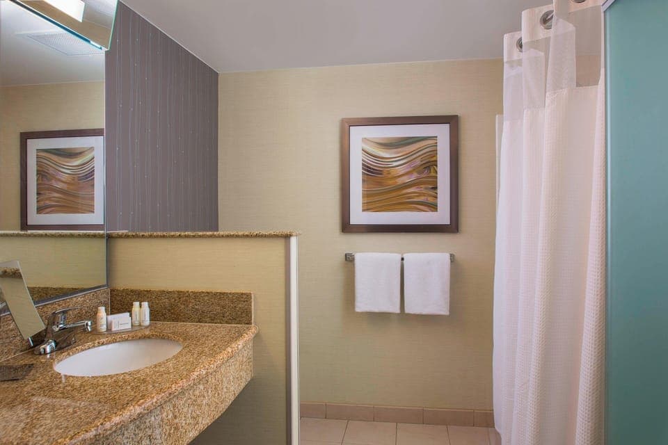 Combined shower/tub, free toiletries, hair dryer, towels