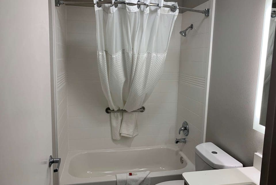 Combined shower/tub, free toiletries, hair dryer, towels