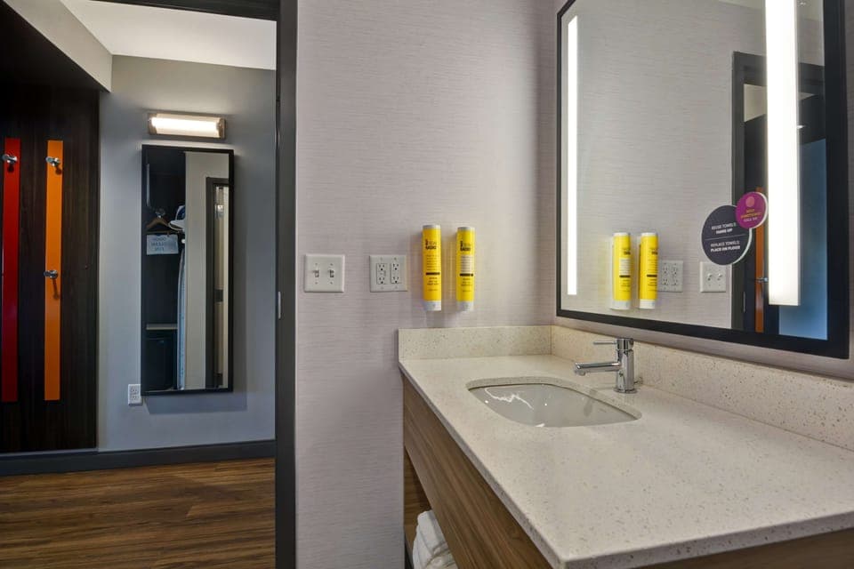 Hair dryer, towels, soap, shampoo