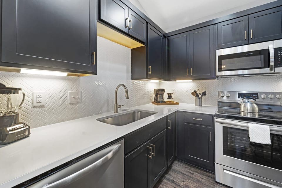 Full-size fridge, microwave, oven, stovetop
