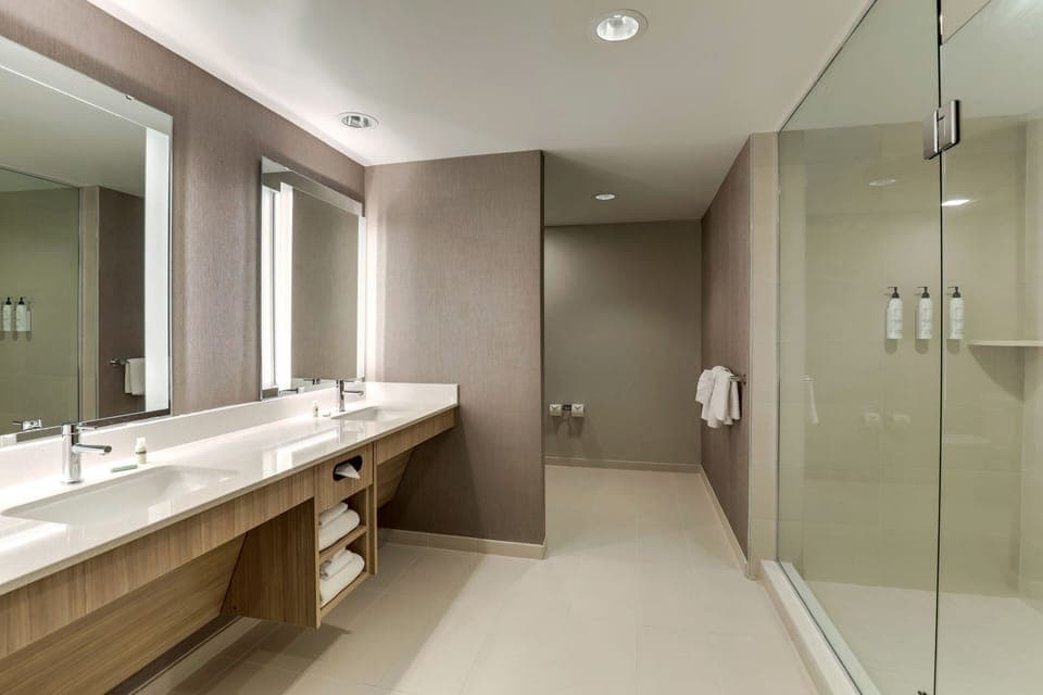 Designer toiletries, hair dryer, towels