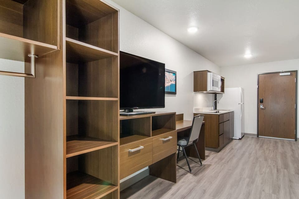 Full-size fridge, microwave, stovetop, freezer