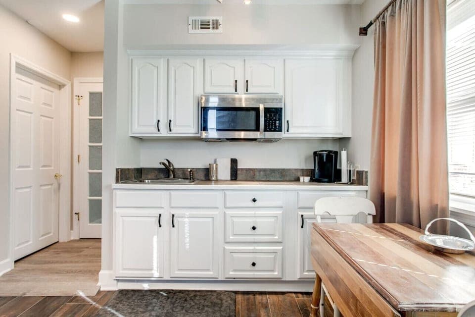 Our kitchenette: has a microwave, Keurig, hot plate and toaster oven.