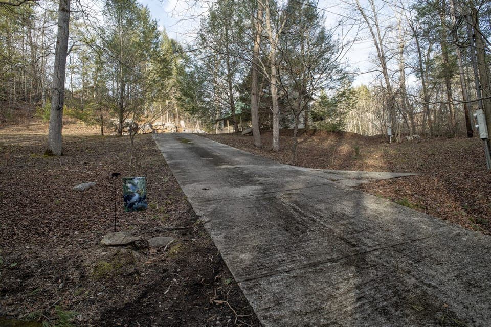 Concrete driveway entrance to Bear Rock Cabin with lots of yard space. 