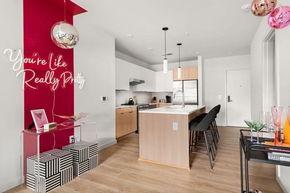 Kitchen, open space with wall decor and island seating