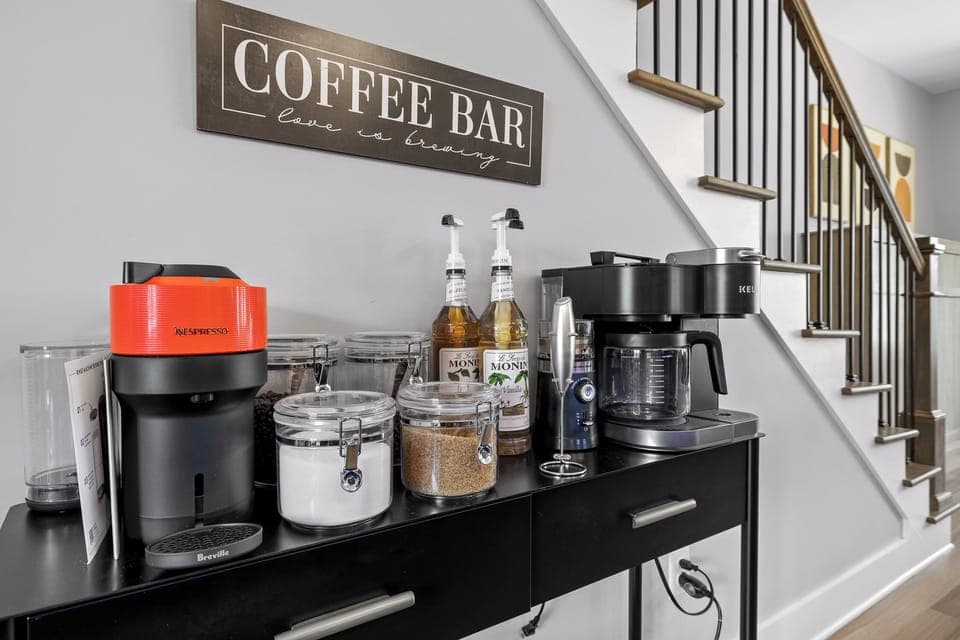 A coffee drinkers dream with dual Keurig, coffee grinder, Nespresso, Chemex, coffee beans, ground coffee, flavored syrups, white sugar, raw sugar, oh my!  We didn't forget non coffee drinks and offer assorted teas. 