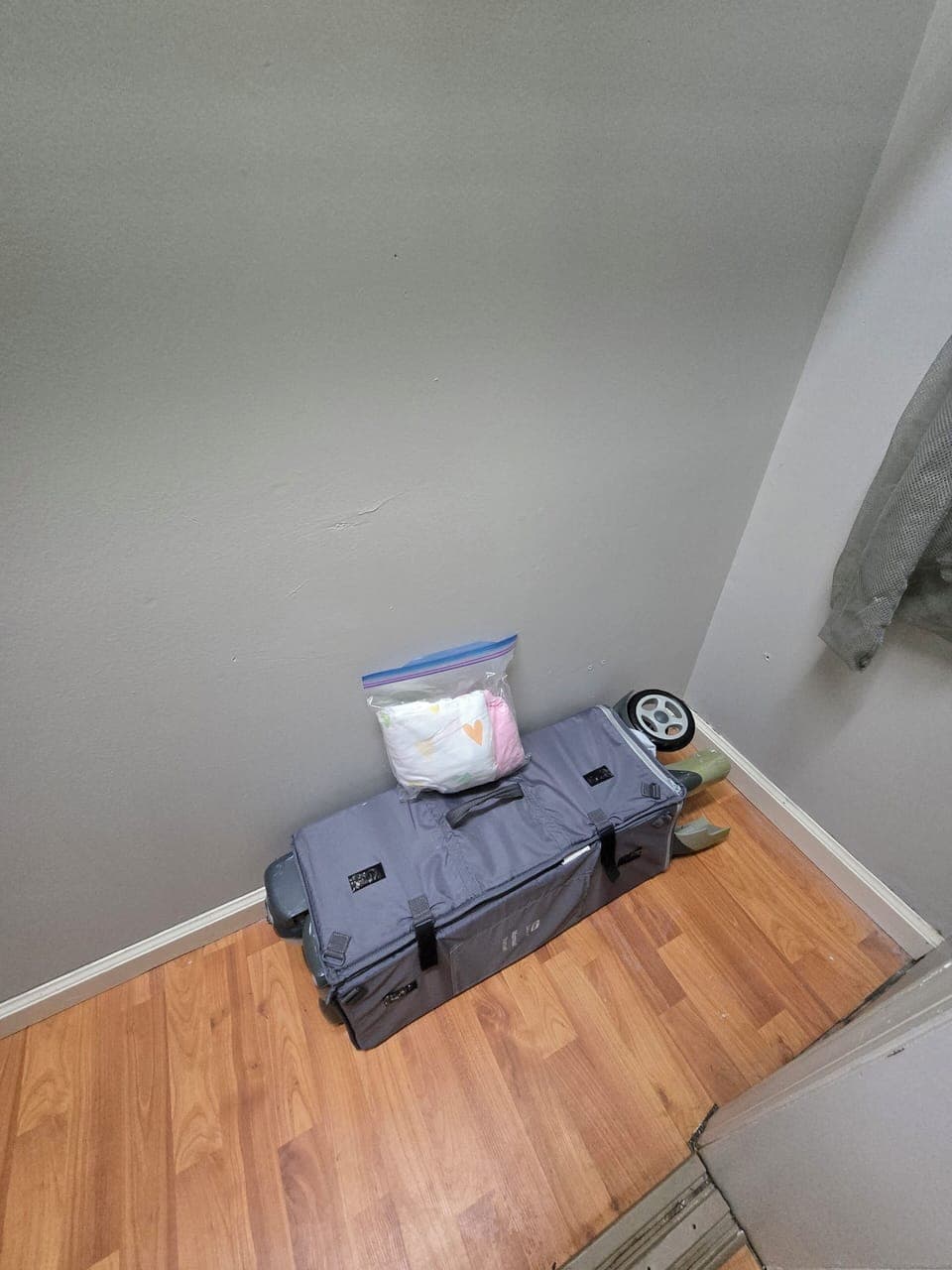 Pack and Play in upstairs master closet with sheets