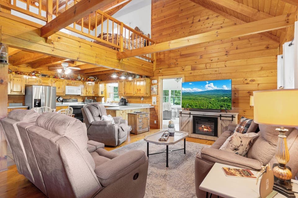 Willow Creek Cabin - Living Room with Reclining sofas, Extra Large TV and Electric fireplace