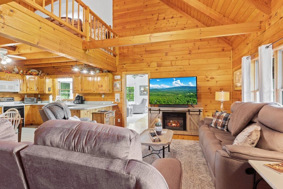 Willow Creek Cabin - Living Room with Reclining sofas, Extra Large TV and Electric fireplace
