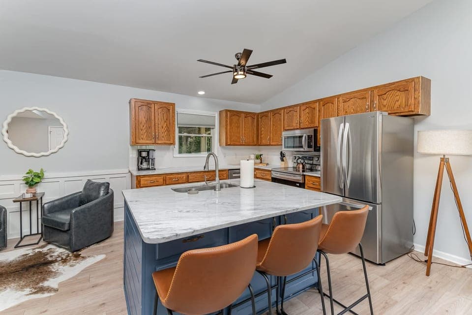 The large kitchen island is the perfect place