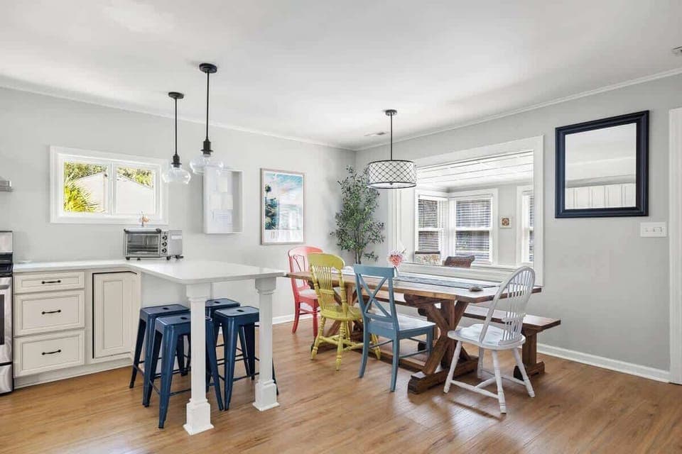 Dining table seating as well as island seating for your group! 