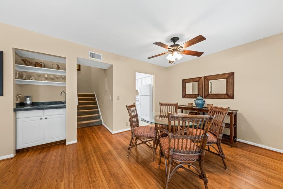 A wet bar in the dining area is the perfect spot to whip up a cool afternoon beverage