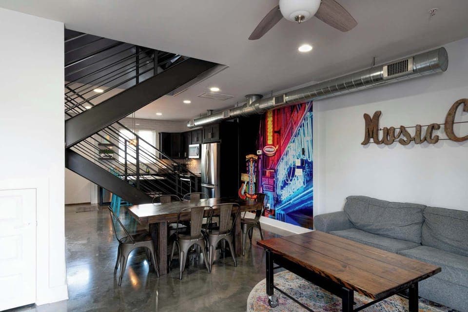 Open living, dining, kitchen space