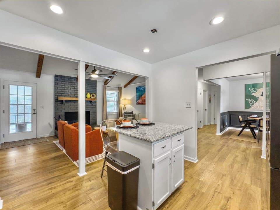 View from kitchen into living and dining areas