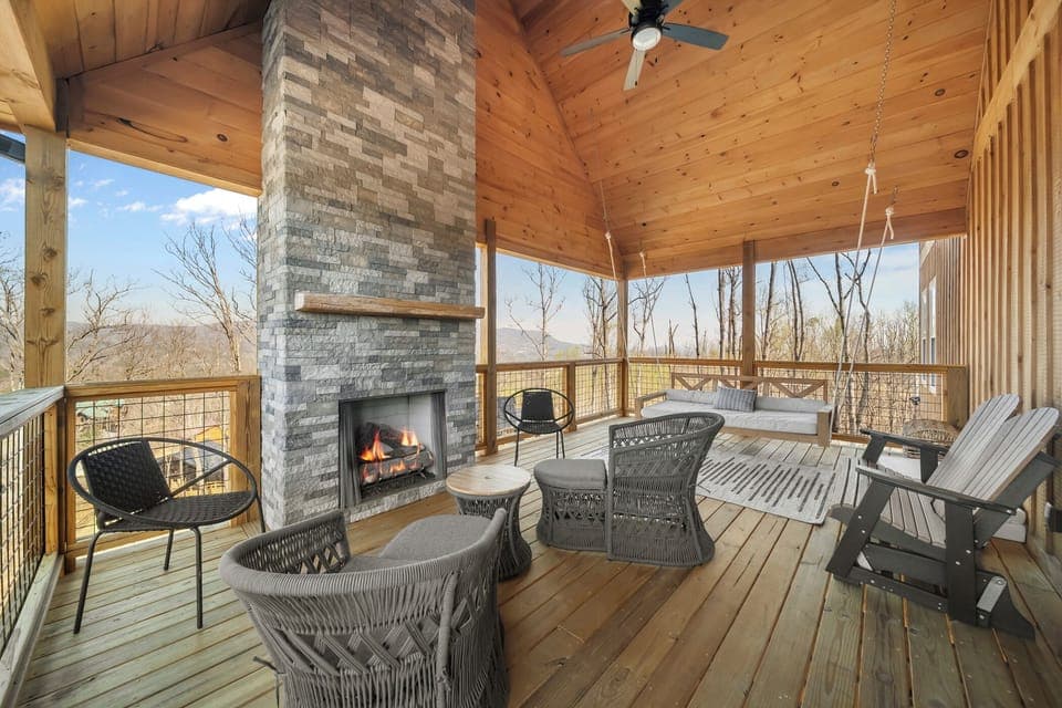 Covered porch with gas logs and a day bed