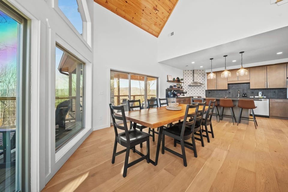 Large dining table with seating for 8-9