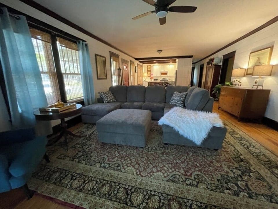 Great room with large comfortable couch for relaxing and lounging