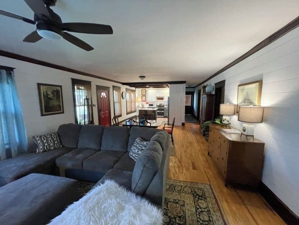 Great room with large comfortable couch for relaxing and lounging