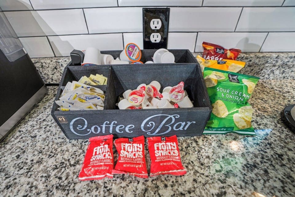 Coffee Creamer, Coffee, Sugar and Snacks.
