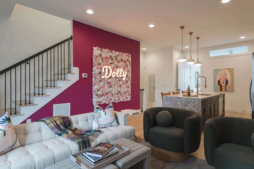 Large 4-story house with a comfortable, open living space located on the 2nd floor for groups and families to hang out, cook, eat, talk and create memories. 