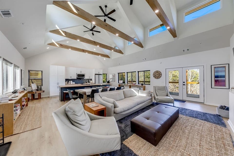Spacious living room open to kitchen and dining