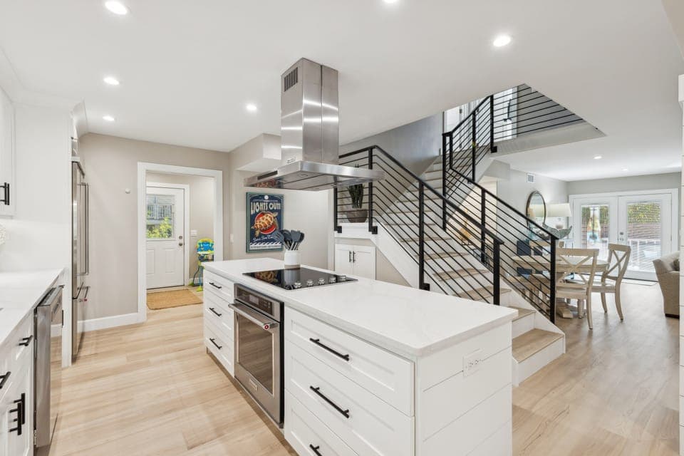 Kitchen with stainless steel appliances and is fully furnished.