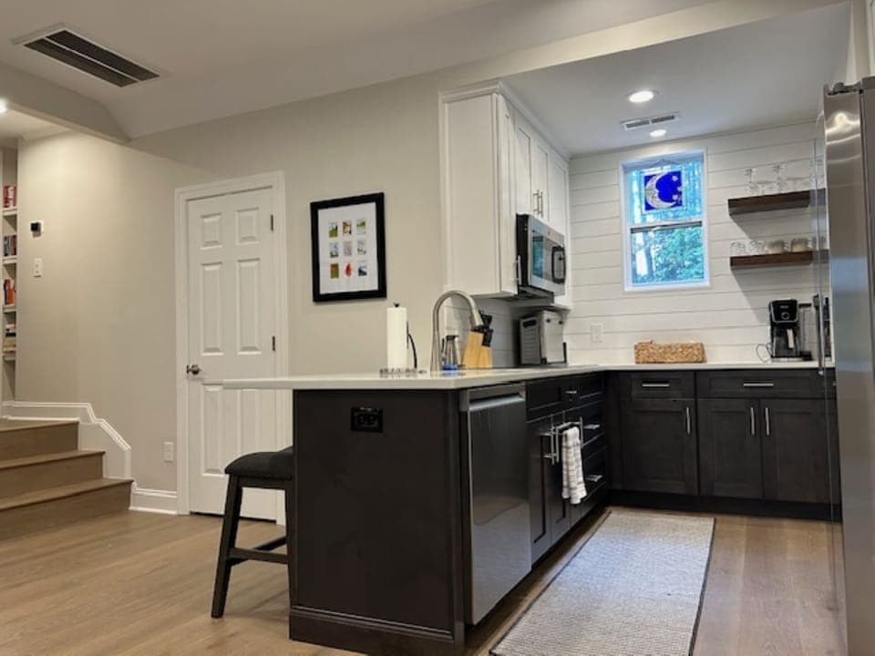 Fully stocked kitchen includes everything but a regular-sized oven. 