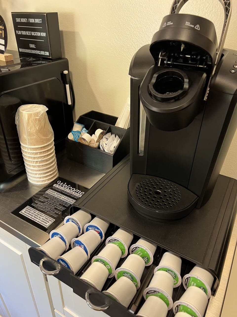 Coffee, sweetener and creamer provided.