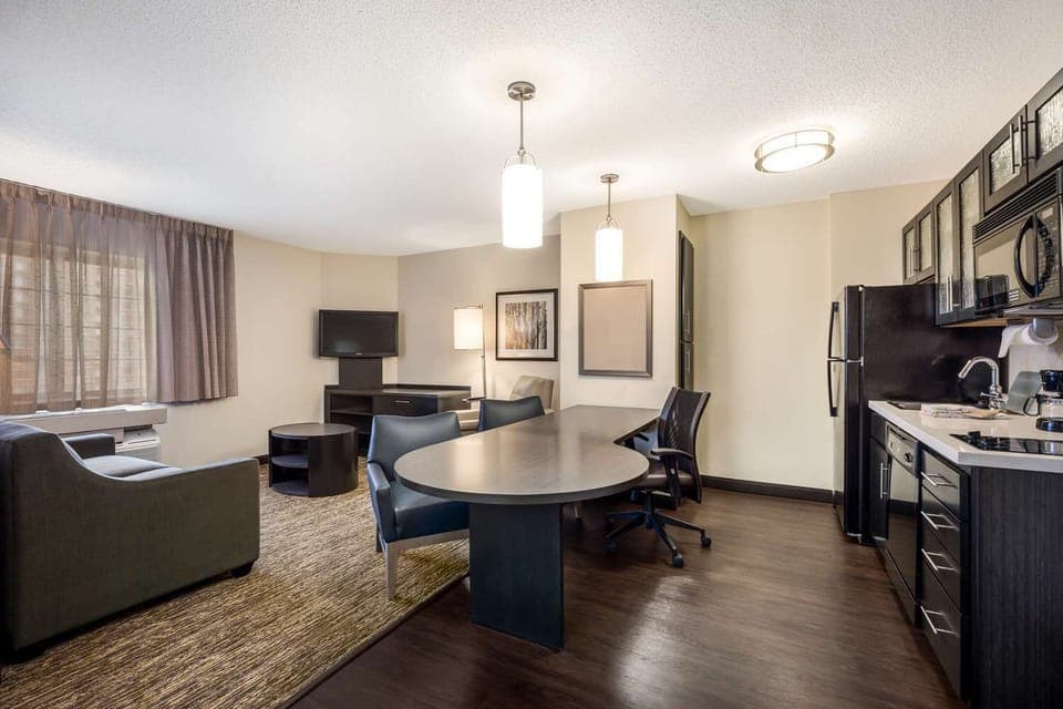 Living, dining and kitchen area