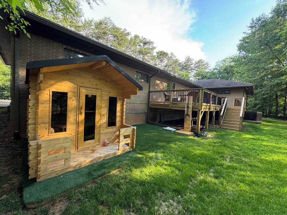 Back yard with patio and sauna