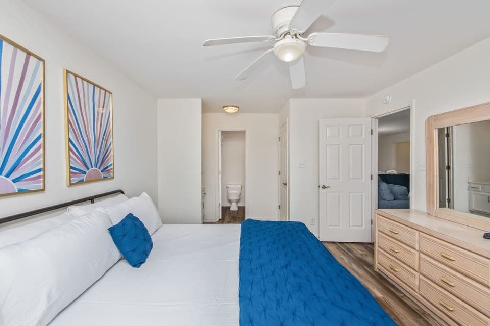 Recharge in a quiet, thoughtfully styled bedroom with everything you need for a good night’s sleep.

