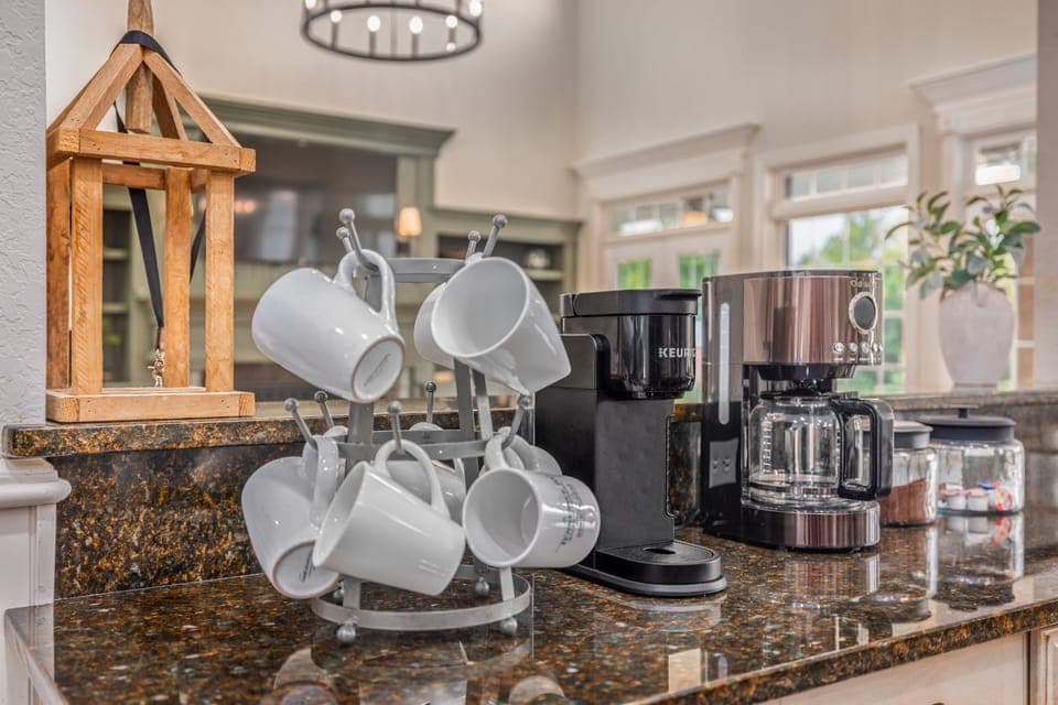  Start your day right at the cozy coffee station.