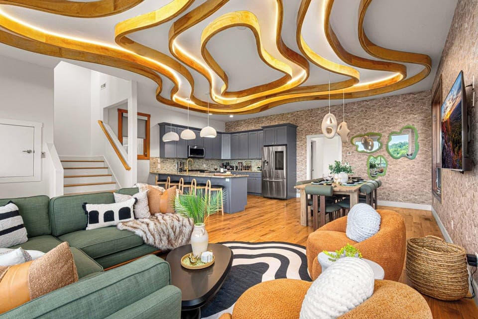 Bold ceilings, lush textures, and an open layout that wows—hello, designer dream home! ✨🏡🛋️

