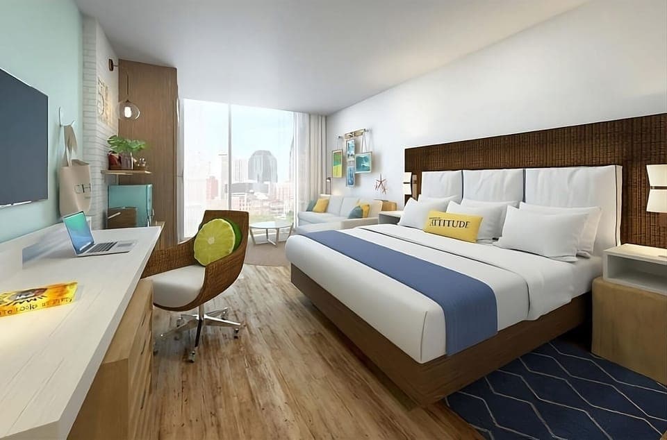 Stretch out on the plush bed after exploring downtown.