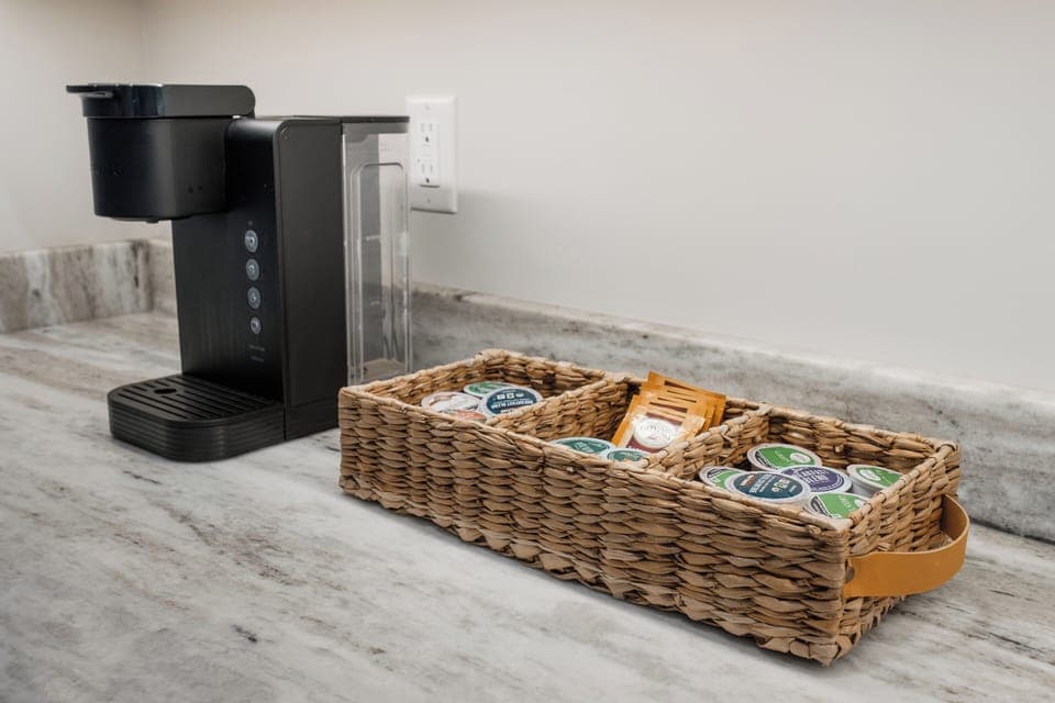 Convenient coffee and tea station with Keurig and pods. A guest favorite for mornings and cozy evenings.