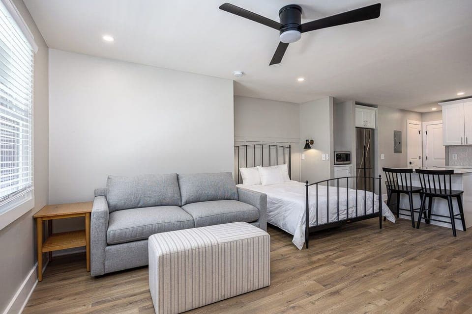 Studios feature queen beds and sleep sofas.