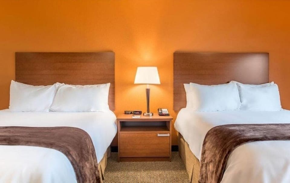 Unwind between two plush beds with warm, restful lighting.