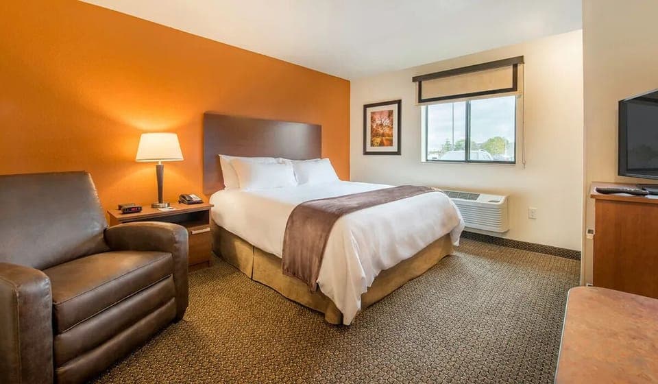 Stretch out on a king bed in a calm, sunny room.