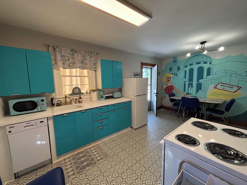 Refurbished kitchen with one of a kind local artists mural of local landmarks!