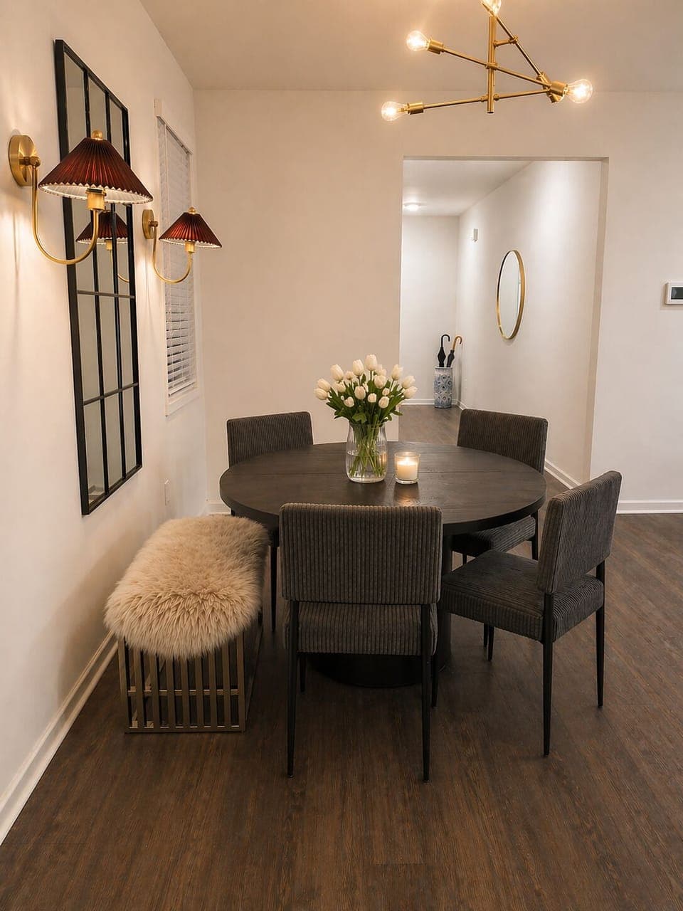 Dining area with bench added in the back. to accommodate additional seating.