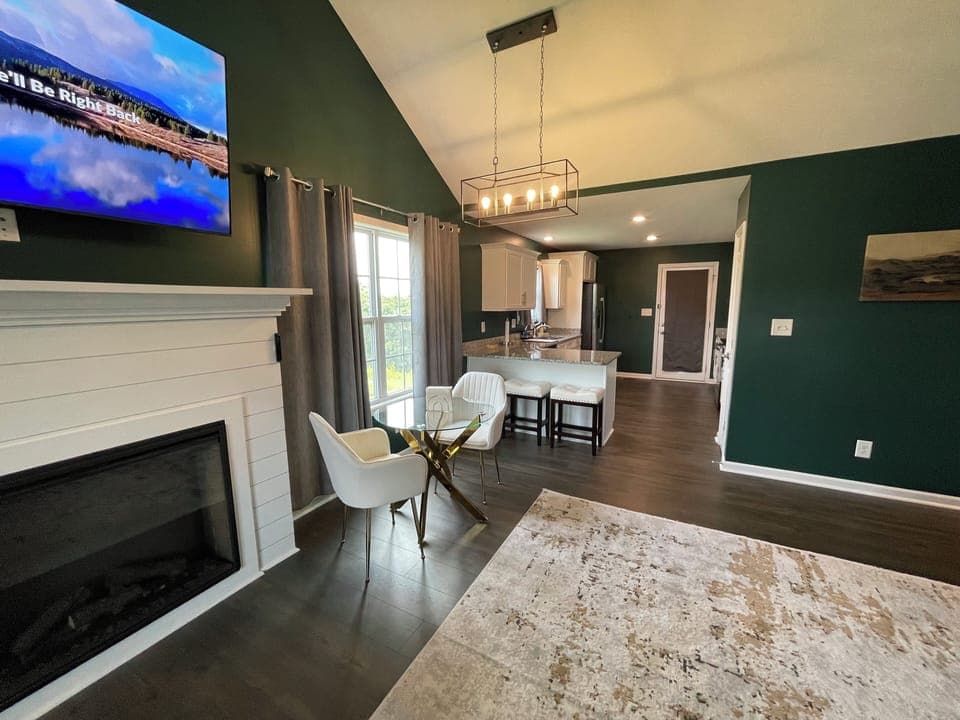Huge open living room, dining, and kitchen area
