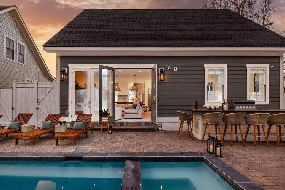 Backyard | Private Pool |  Outdoor Dining Table, Bar Seating.
