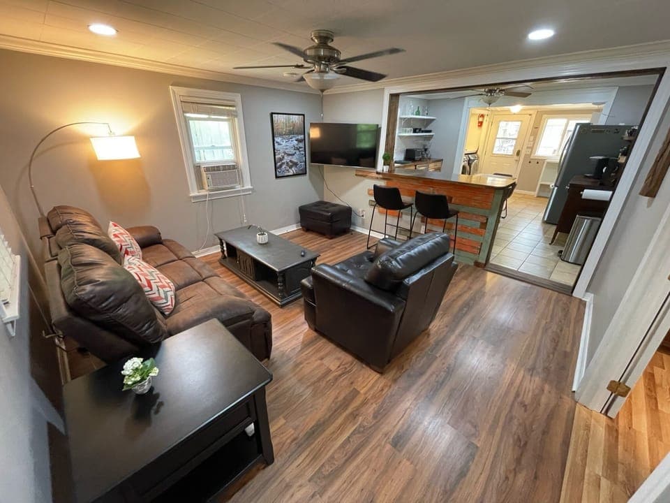 Cozy living room with bar area near downtown Brevard, NC retreat