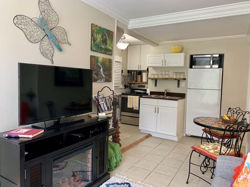 Beautifully furnished and light filled living room, kitchen combination. 