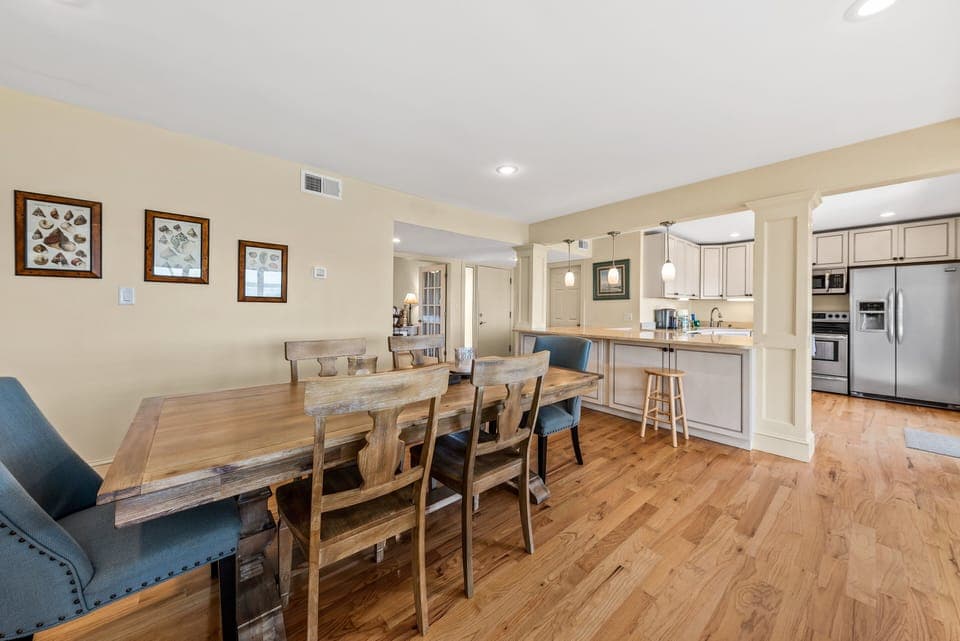 The dining table seats six